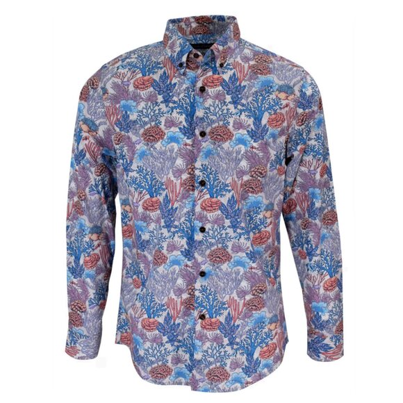 Lords Of Harlech Morris Sea Coral Garden Shirt In Pumice Blue/Orange Size Medium - Picture 1 of 11